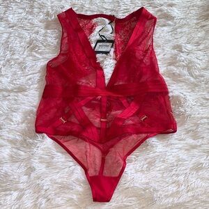 Honey Birdette “Belinda”Red Sheer Lace Bodysuit M